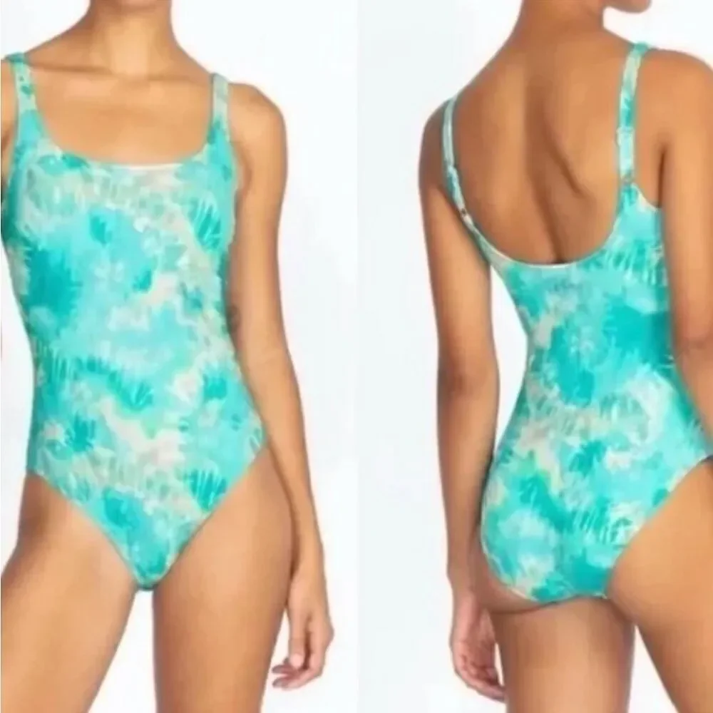 NWT Johnny Was Calme Aqua Keys Turquoise Tie Dye One Piece Tank Swimsuit $158